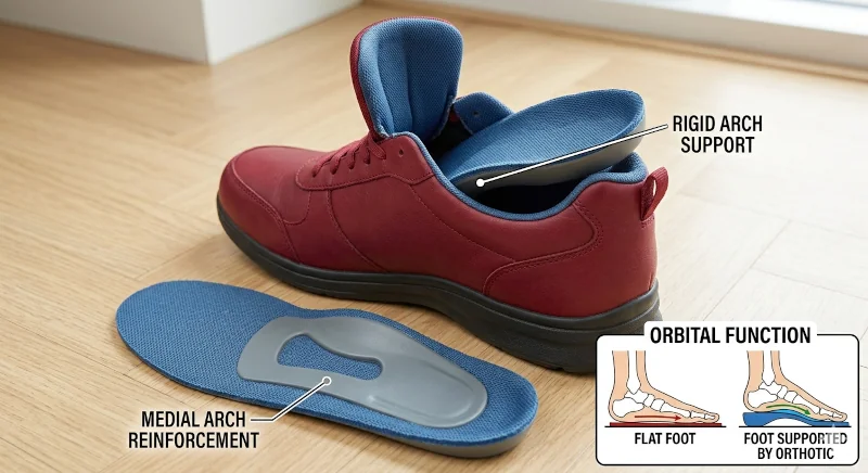 Arch support orthotic insert placed inside a supportive walking shoe for flat feet.