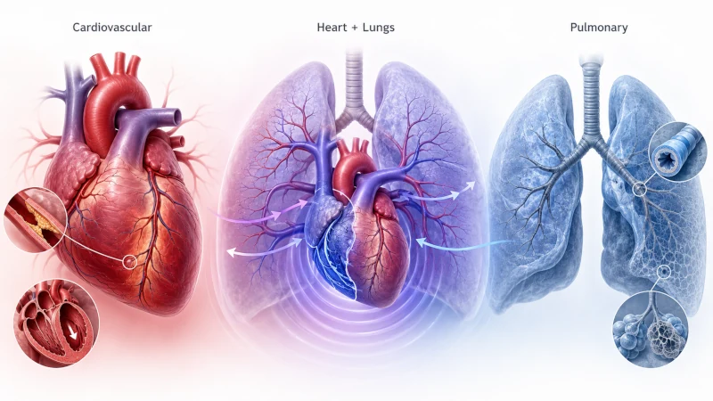 Visual comparison of cardiovascular disease affecting the heart, pulmonary disease affecting the lungs, and conditions involving both systems.