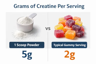 Infographic comparing grams of creatine per serving from one scoop of powder versus a typical gummy serving.