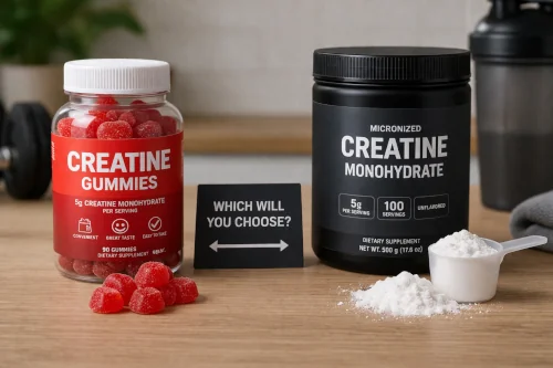 creatine gummies and creatine powder on a table.