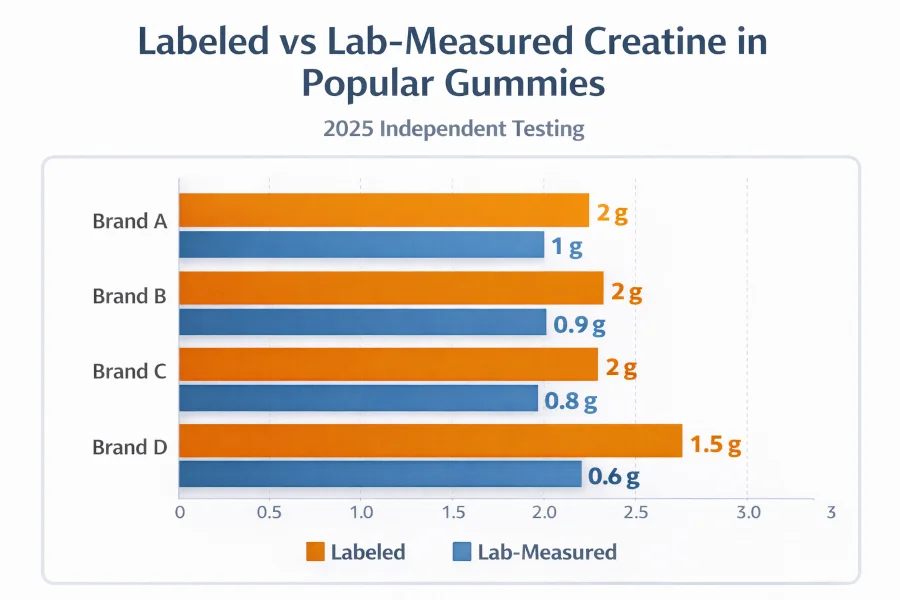 Bar chart comparing labeled creatine content versus lab-measured content in popular creatine gummies from 2025 independent testing.