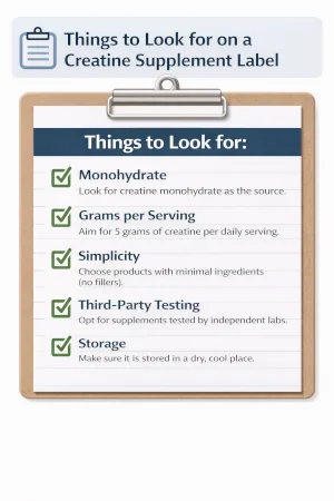 Checklist showing five things to look for on a creatine supplement label: monohydrate, grams per serving, simplicity, third-party testing, storage.