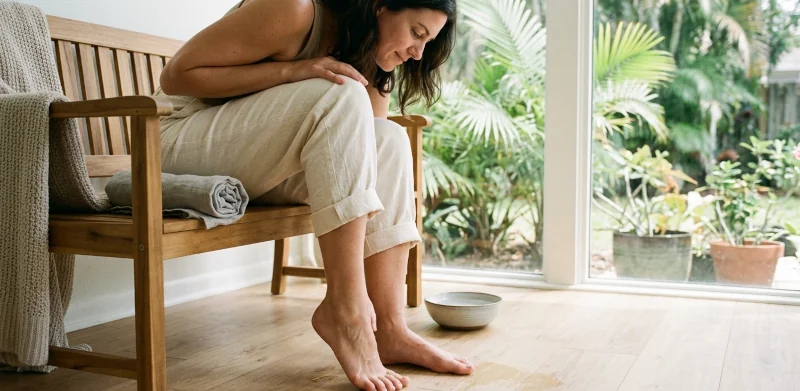 Person checking the arch of their bare foot while seated, checking if it's flat feet vs overpronation.