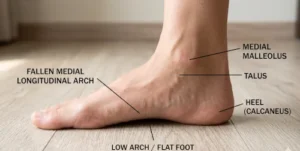 Barefoot side view showing low arches associated with flat feet and fallen arches.