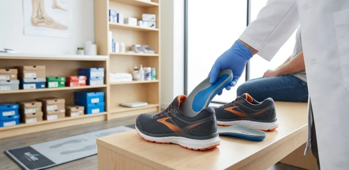 what are flat feet orthotic insole being placed into a supportive shoe for flat feet treatment.