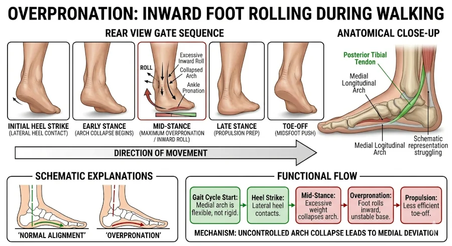 Diagram showing inward foot rolling during walking in a person with overpronation.