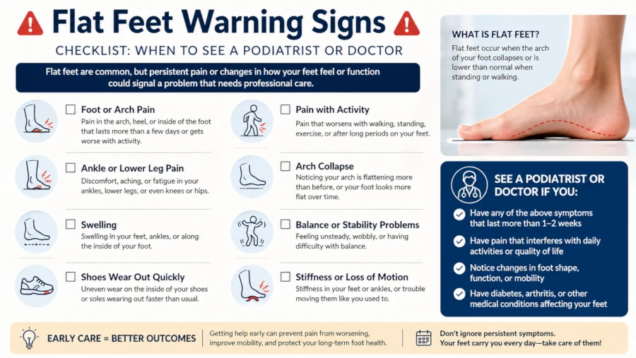 Checklist of flat feet warning signs that warrant seeing a podiatrist or doctor.