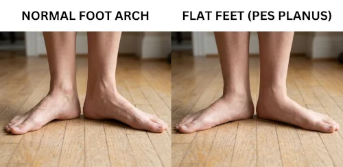 Side-by-side comparison of a normal foot arch and flat feet while standing.