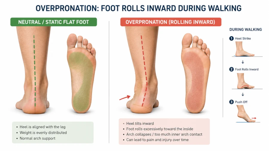 Diagram showing a static flat foot beside a foot rolling inward during walking to illustrate overpronation