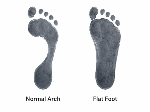 Wet footprint comparison showing normal arch footprint and flat feet footprint with no midfoot gap.