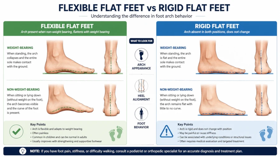 Illustration comparing flexible flat feet and rigid flat feet in weight-bearing and non-weight-bearing positions
