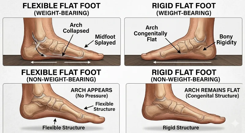 Illustration comparing flexible flat feet and rigid flat feet in weight-bearing and non-weight-bearing positions.