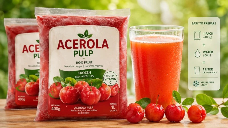 Frozen acerola pulp packets used to make fresh juice at home.