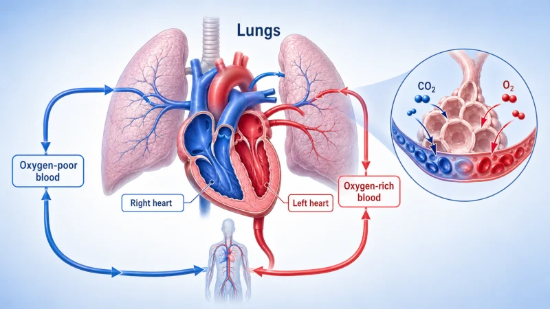 Diagram showing oxygen-poor blood moving from the right side of the heart to the lungs and oxygen-rich blood returning to the left side of the heart.