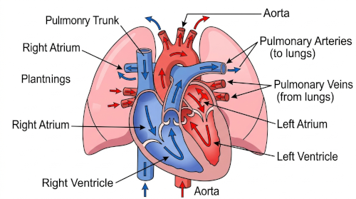 Labeled diagram showing blood flow between the heart and lungs during cardiopulmonary circulation.