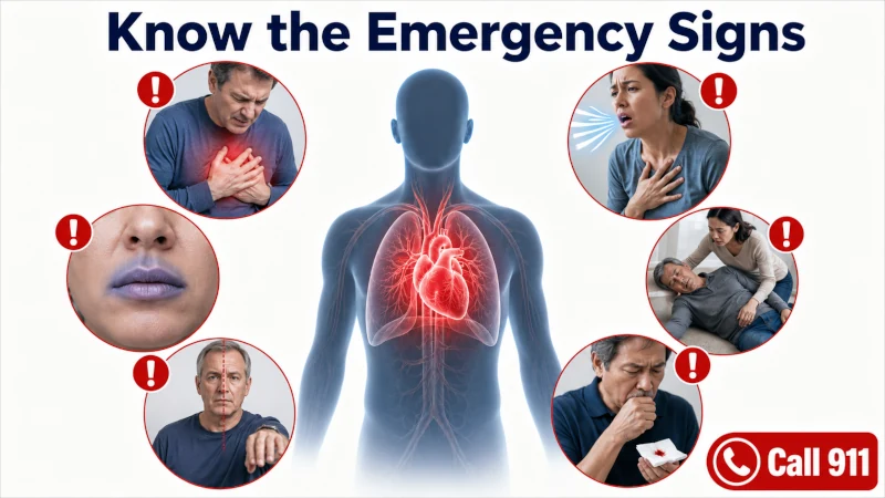 Illustration of emergency heart and lung warning signs including severe chest pain, sudden shortness of breath, fainting, stroke symptoms, and bluish lips.