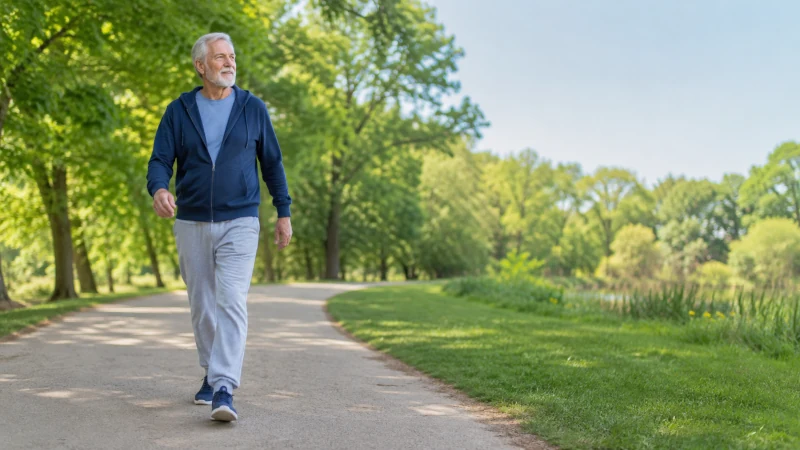 Older adult walking outdoors as part of a heart- and lung-healthy lifestyle.