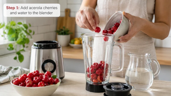 Step 1: Step-by-step photos of blending and straining homemade acerola cherry juice.