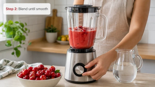 Step 2: Step-by-step photos of blending and straining homemade acerola cherry juice.