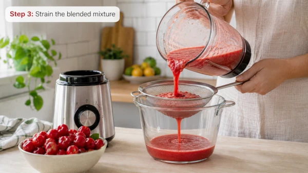 Step 3: Step-by-step photos of blending and straining homemade acerola cherry juice.