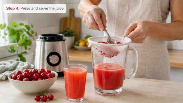 Step 4: Step-by-step photos of blending and straining homemade acerola cherry juice.