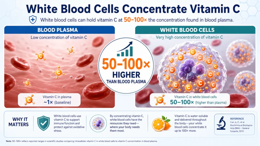 Infographic showing white blood cells holding vitamin C at 50 to 100 times the level found in blood plasma.