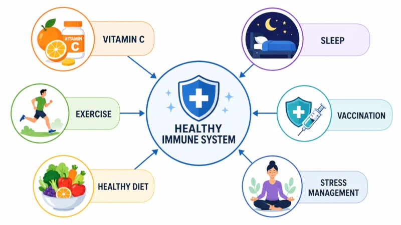 Diagram showing sleep, exercise, diet, stress management, and vaccination alongside vitamin C as immune-supporting factors.