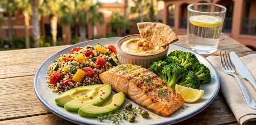 Plate of Mediterranean-style foods that support heart and lung health.