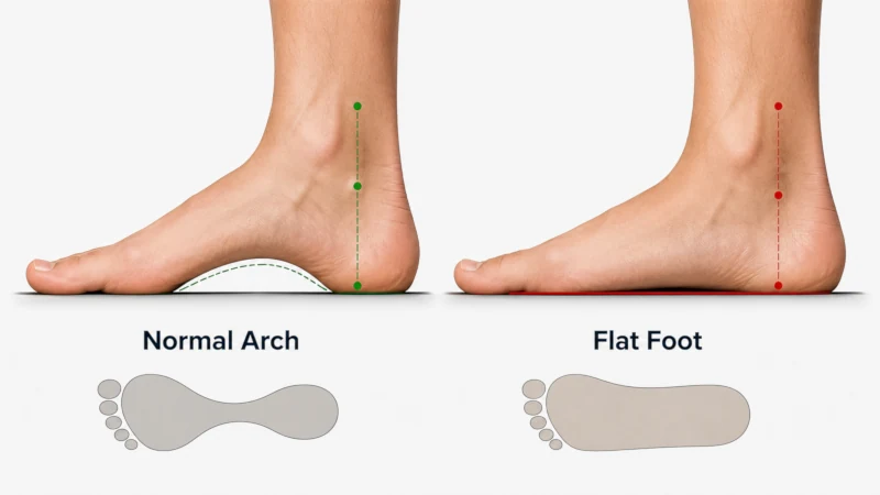 Side-by-side comparison of a normal foot arch and a flat foot while standing.