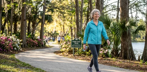 Older adult taking a walk outdoors as part of a heart- and lung-healthy lifestyle.