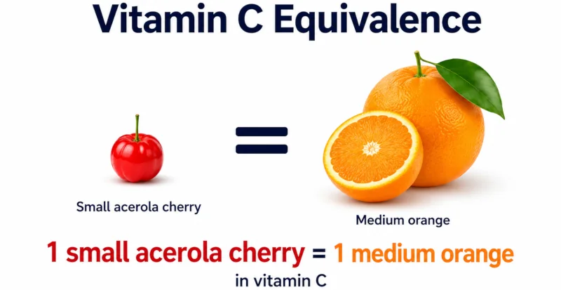 One small acerola cherry shown equal in vitamin C to one medium orange.