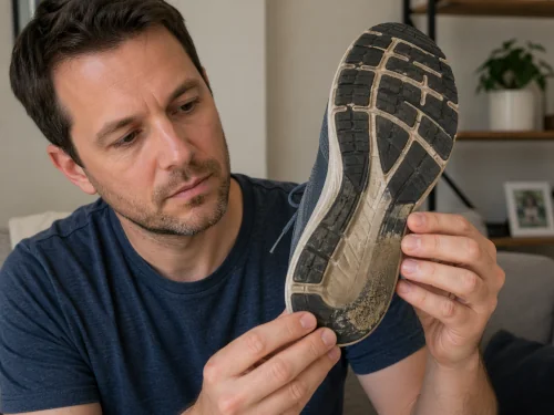 Adult examining worn athletic shoe sole showing inner heel wear pattern consistent with overpronation from flat feet.