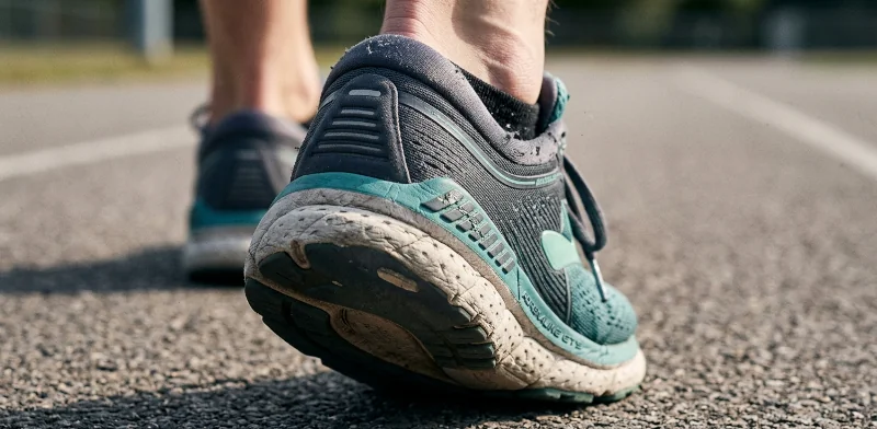 Close-up of the inner heel of a running shoe showing wear from overpronation.