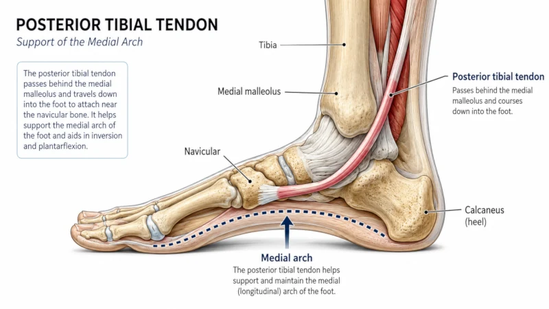 Diagram of the posterior tibial tendon running behind the inner ankle and supporting the foot arch.