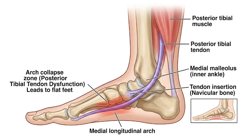Anatomical diagram showing the posterior tibial tendon and its role in supporting the foot arch.