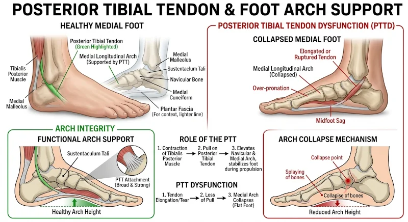 Diagram showing the posterior tibial tendon and its role in supporting the arch of the foot.