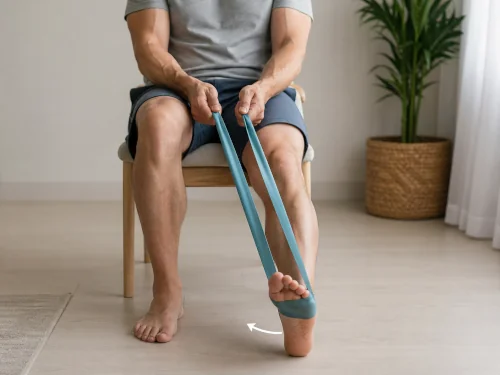 Man sitting on chair performing one of the best foot exercises for flat feet in adults: Resistance band inversion exercise targeting the posterior tibialis muscle for flat feet support.
