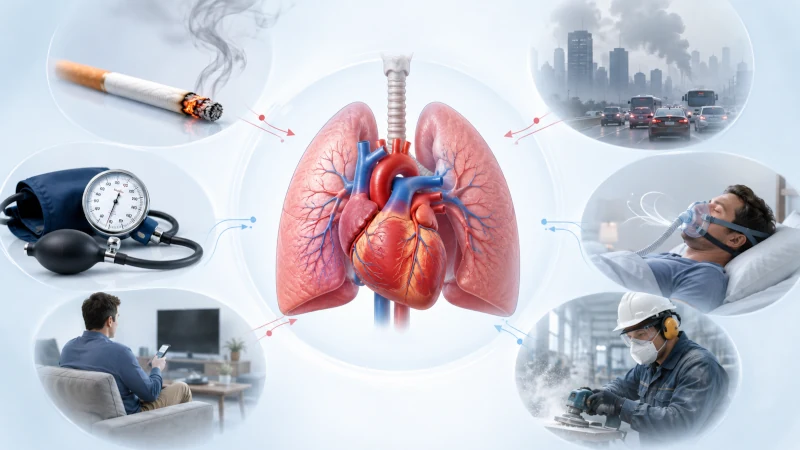 Illustration of shared heart and lung disease risk factors including smoking, air pollution, high blood pressure, inactivity, and sleep problems.