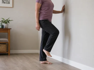 Adult practicing single-leg balance exercise to improve ankle stability with flat feet.
