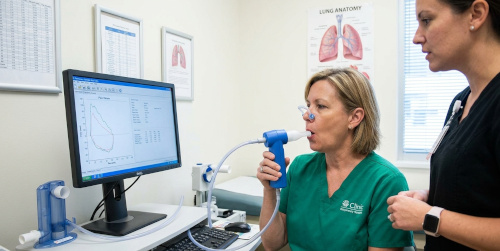 Patient performing a spirometry test to measure lung function.