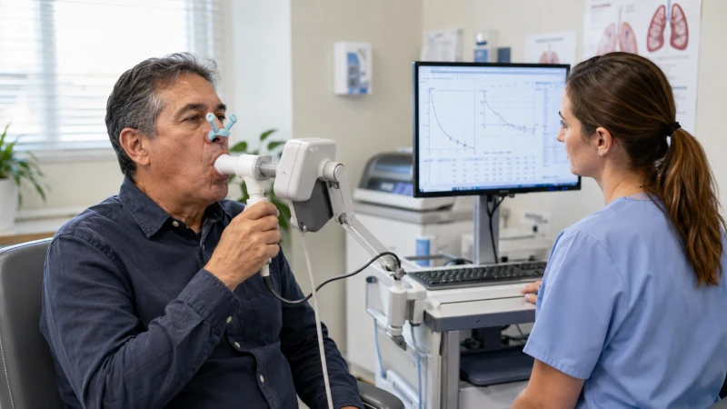 Patient performing a spirometry pulmonary function test with a healthcare professional in a clinic.