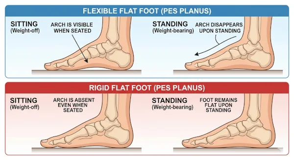 Illustration showing the difference between flexible flat feet and rigid flat feet in standing and non-weight-bearing positions.