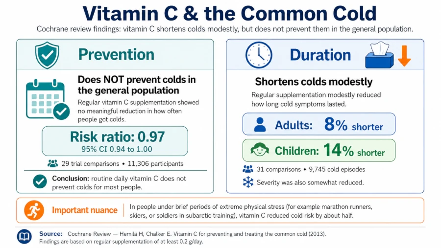 Graphic summarizing Cochrane review findings: vitamin C shortens colds modestly but does not prevent them in the general population.