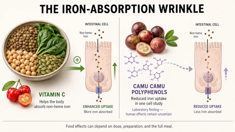 Diagram showing vitamin C aiding plant iron absorption versus camu camu polyphenols reducing it in a cell study.