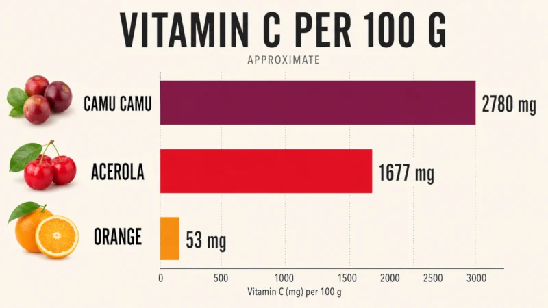 Bar chart of vitamin C per 100 g: camu camu highest, then acerola, then orange.