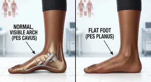 Side-by-side comparison of a normal foot arch and a flat foot with no visible arch when standing.