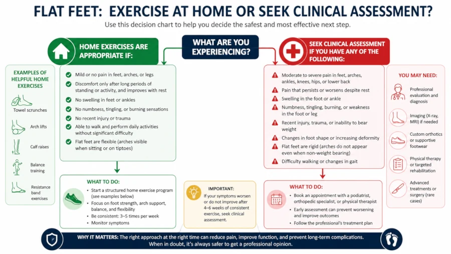 Decision chart showing when home exercises are appropriate for flat feet and when to seek clinical assessment.