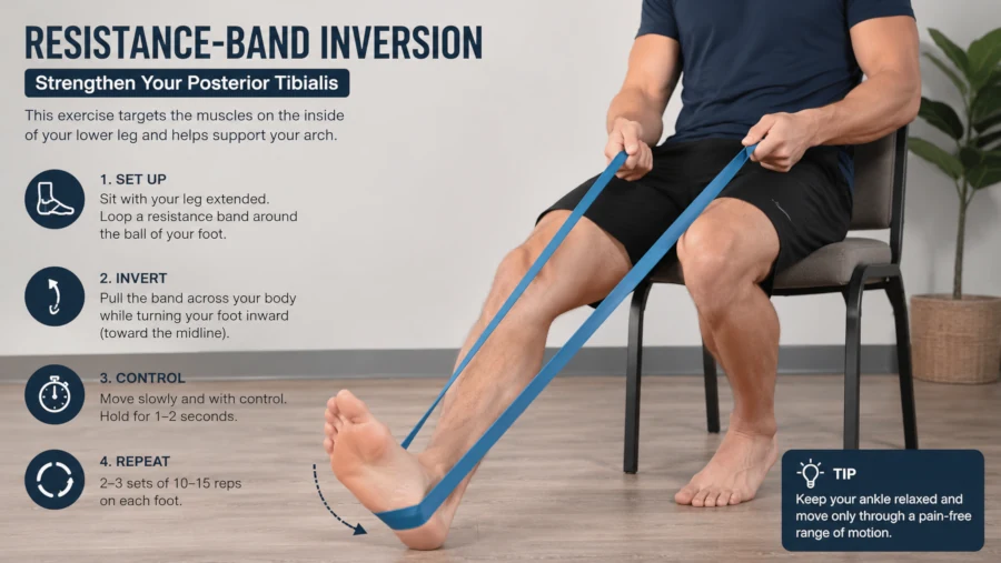 Seated adult performing resistance-band inversion to strengthen the posterior tibialis.