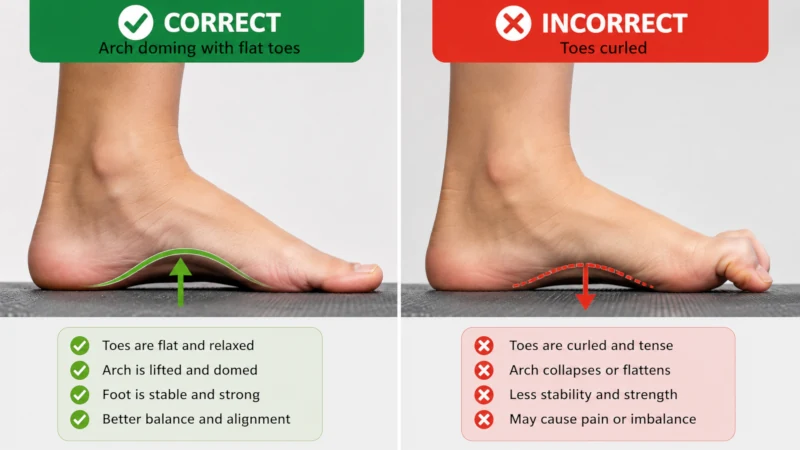 Side-by-side illustration showing correct arch doming with flat toes beside an incorrect version with toes curled.