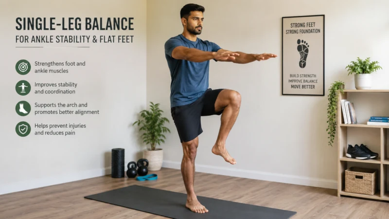 Adult practising one of the best exercises for flat feet in adults: single-leg balance to improve ankle stability with flat feet.